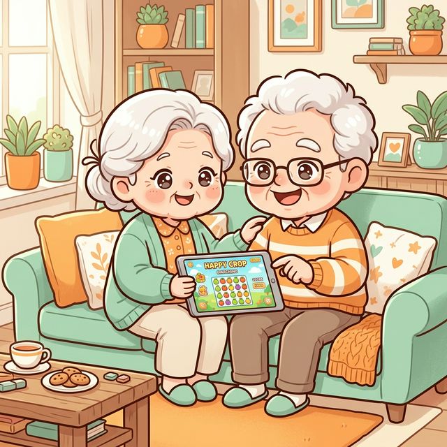 Q版卡通長輩用平板玩遊戲