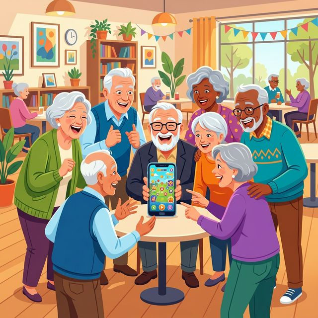 活潑銀髮族活動中心玩手機