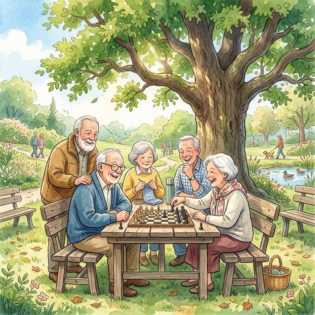 水彩風：長輩在公園下棋